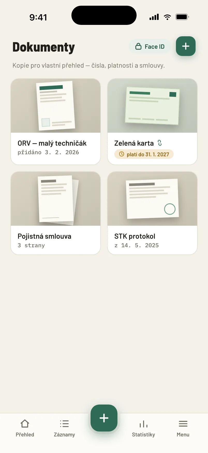 Seznam uložených dokladů k vozidlu, zamčený biometrickým ověřením.