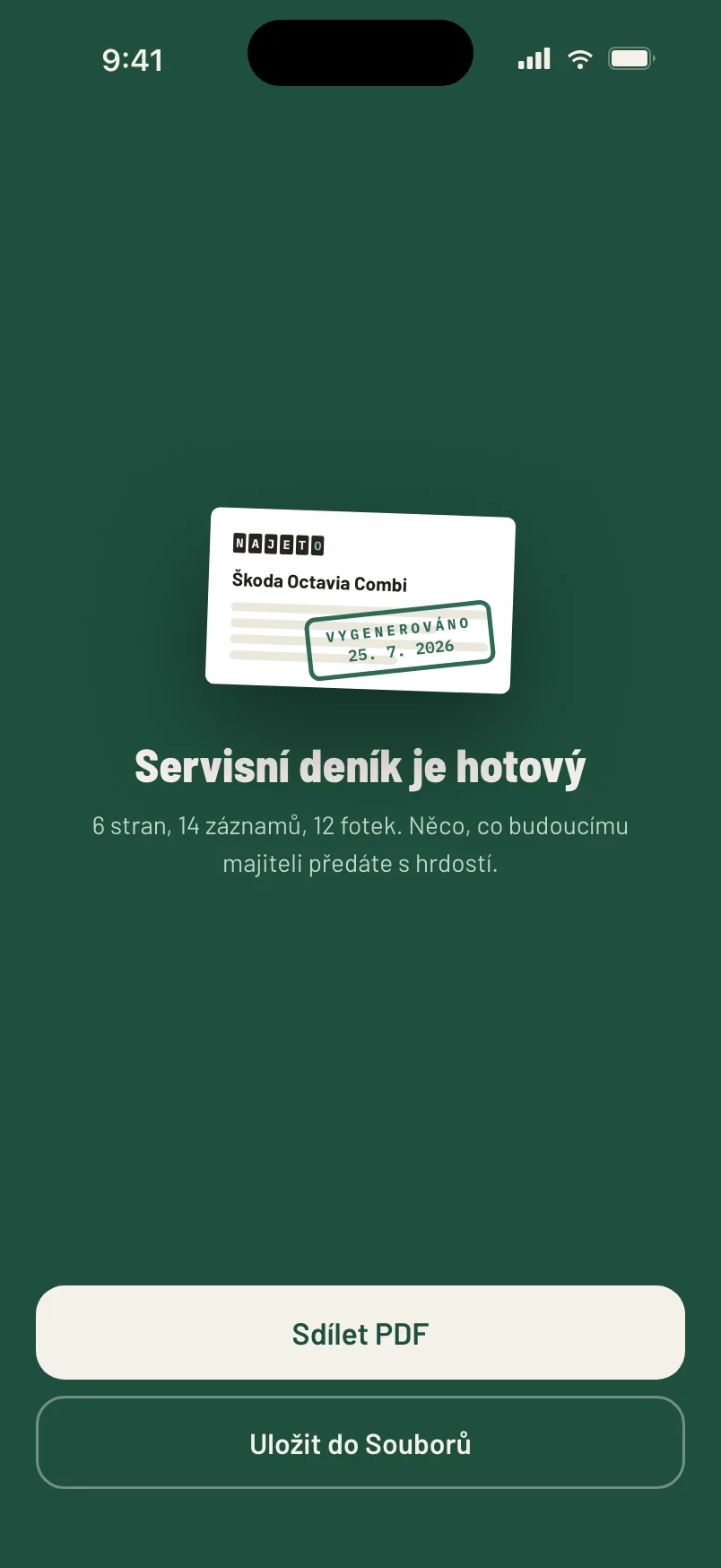 Servisní deník v aplikaci — seznam úkonů s datem, stavem tachometru a cenou.