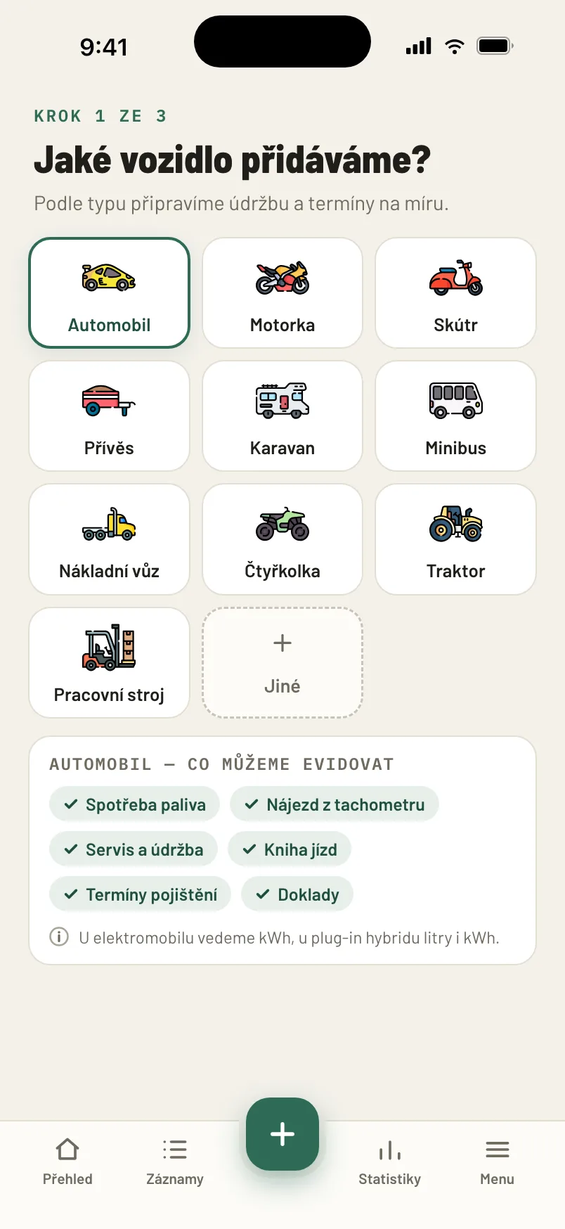 Výběr typu vozidla — osobní auto, motorka, přívěs nebo pracovní stroj.