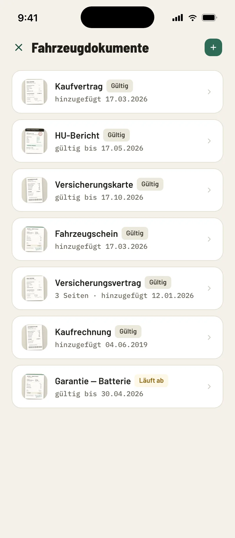 Liste der gespeicherten Fahrzeugdokumente, durch biometrische Anmeldung gesichert.