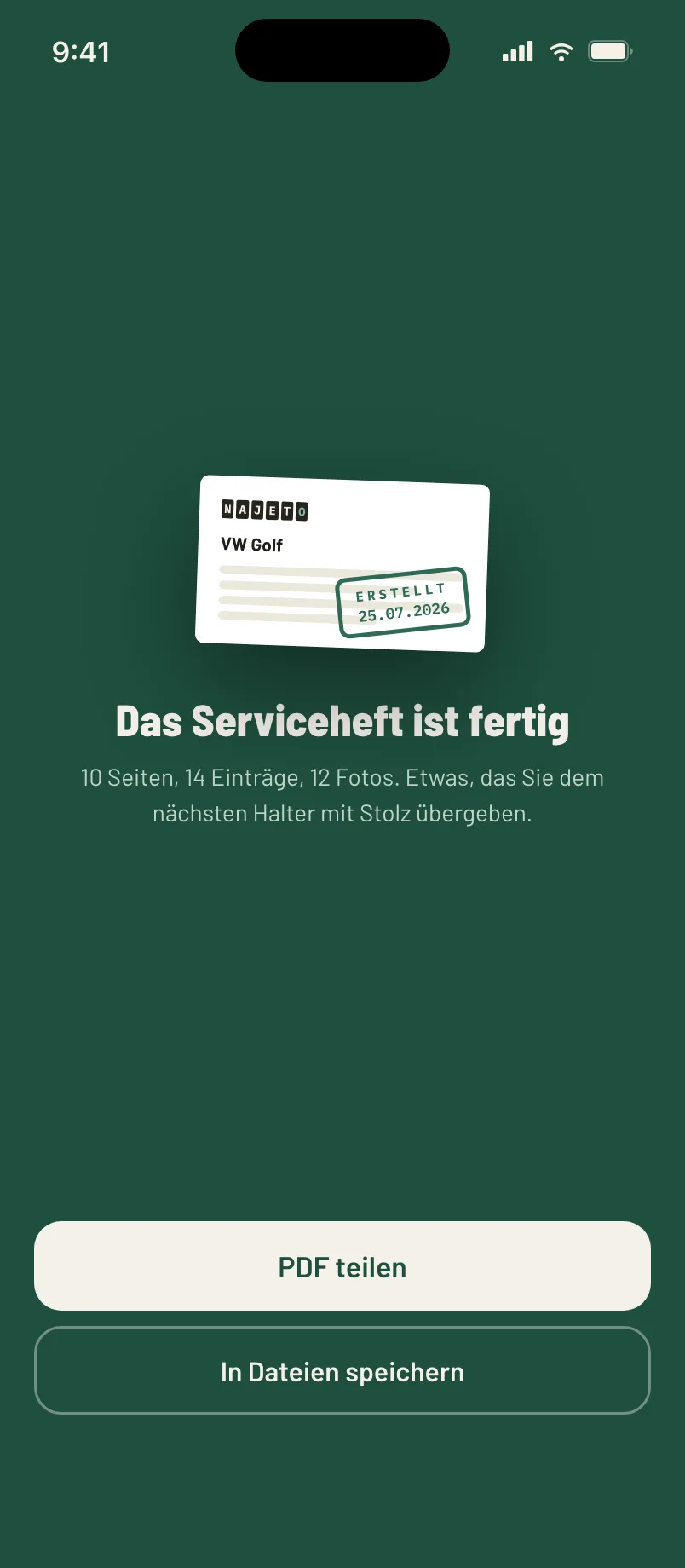 Das fertige Wartungsbuch in der App, bereit zum Teilen als PDF.