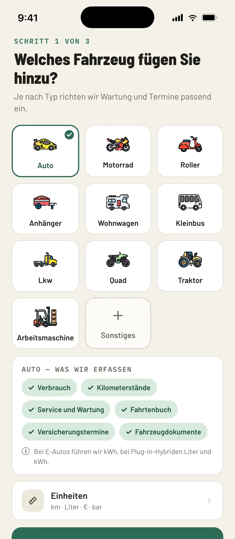 Auswahl des Fahrzeugtyps — Auto, Motorrad, Anhänger oder Arbeitsmaschine.