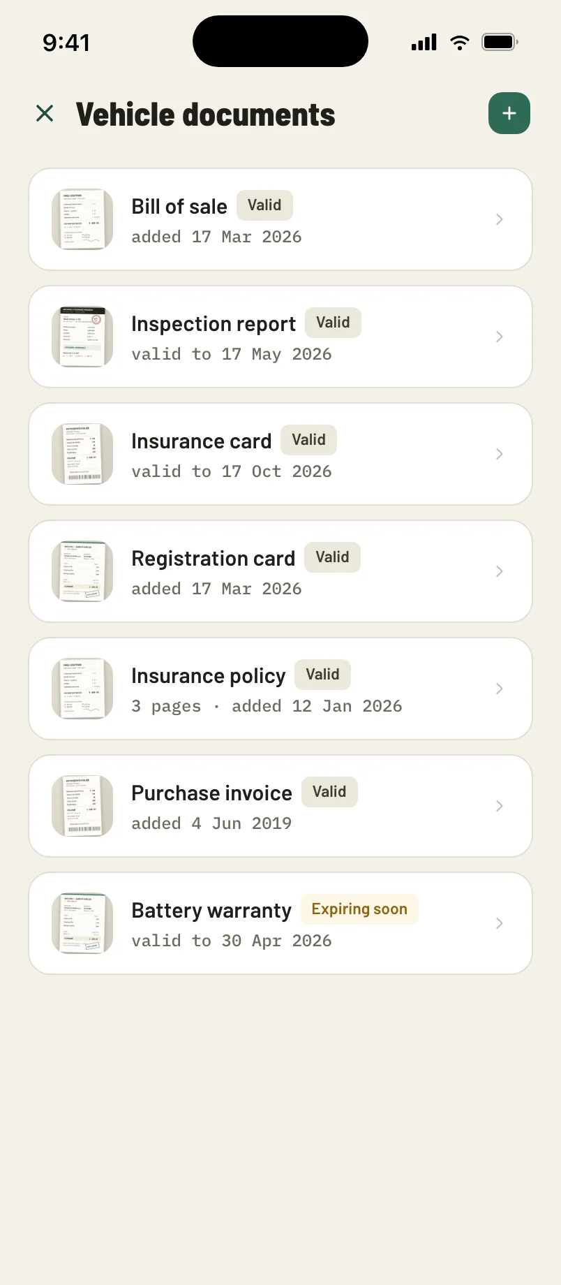 List of stored vehicle documents, locked behind biometric authentication.