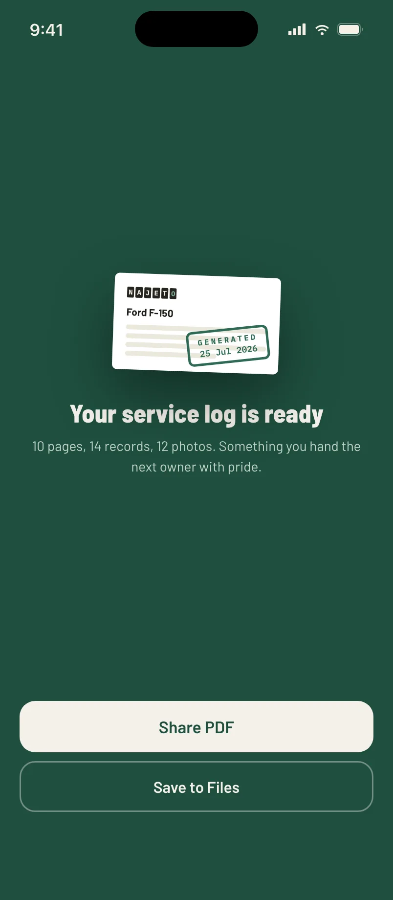 The finished service log in the app, ready to share as a PDF.