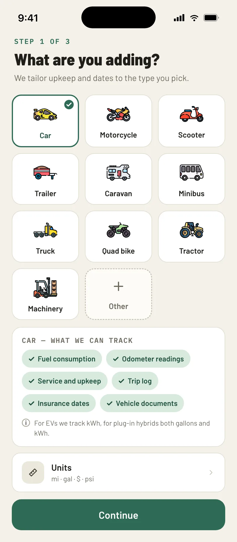 Choosing a vehicle type — car, motorbike, trailer or working machine.