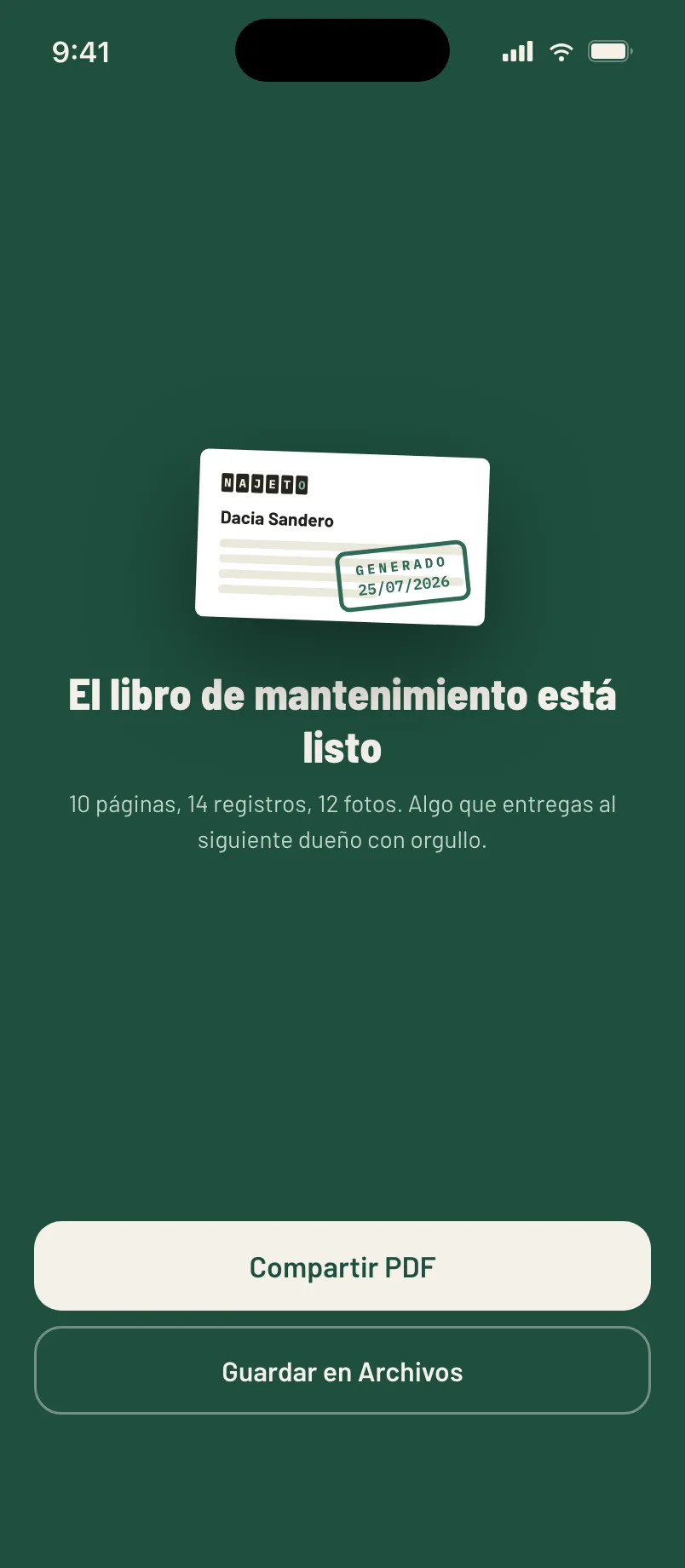 El libro de mantenimiento terminado en la app, listo para compartir en PDF.