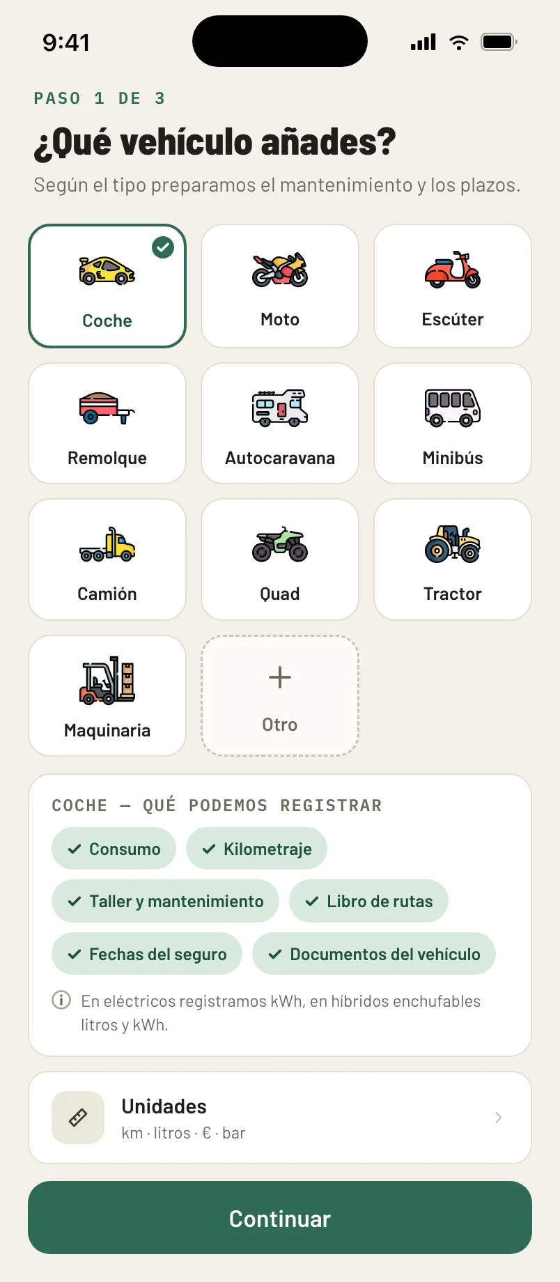 Selección del tipo de vehículo: coche, moto, remolque o máquina de trabajo.