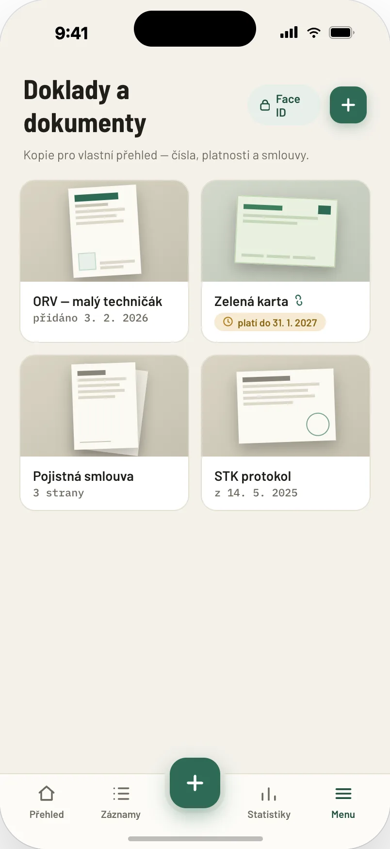 Lista de documentos del vehículo guardados, protegida con autenticación biométrica.
