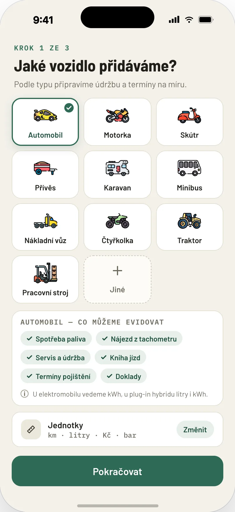 Selección del tipo de vehículo: coche, moto, remolque o máquina de trabajo.