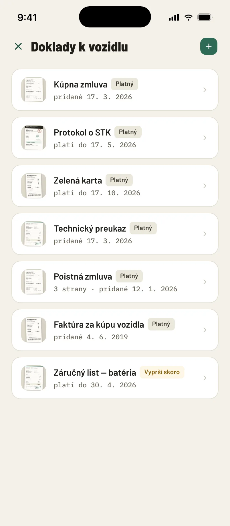 Zoznam uložených dokladov k vozidlu, zamknutý biometrickým overením.