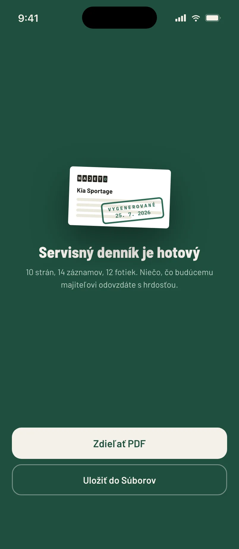 Hotový servisný denník v aplikácii, pripravený na zdieľanie ako PDF.