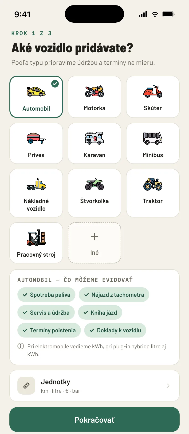 Výber typu vozidla — osobné auto, motorka, príves alebo pracovný stroj.